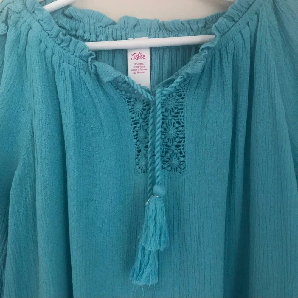 JUSTICE Store Teal Peasant Top Bell Sleeves Crochet Tasseles BOHO